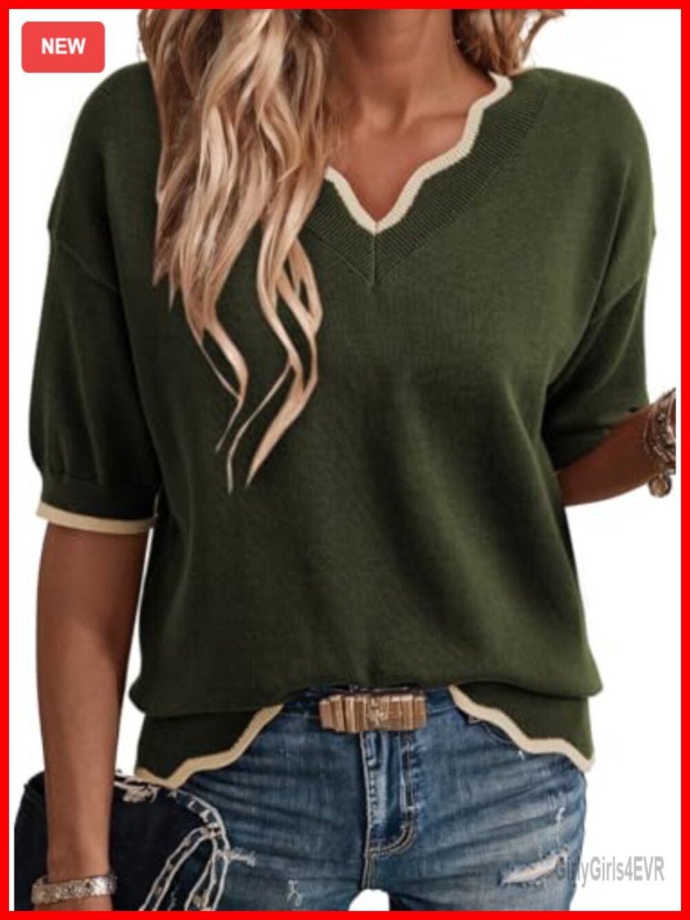 Womens Short Sleeve Ribbed Knit Sweater Pullover V-Neck Casual Top